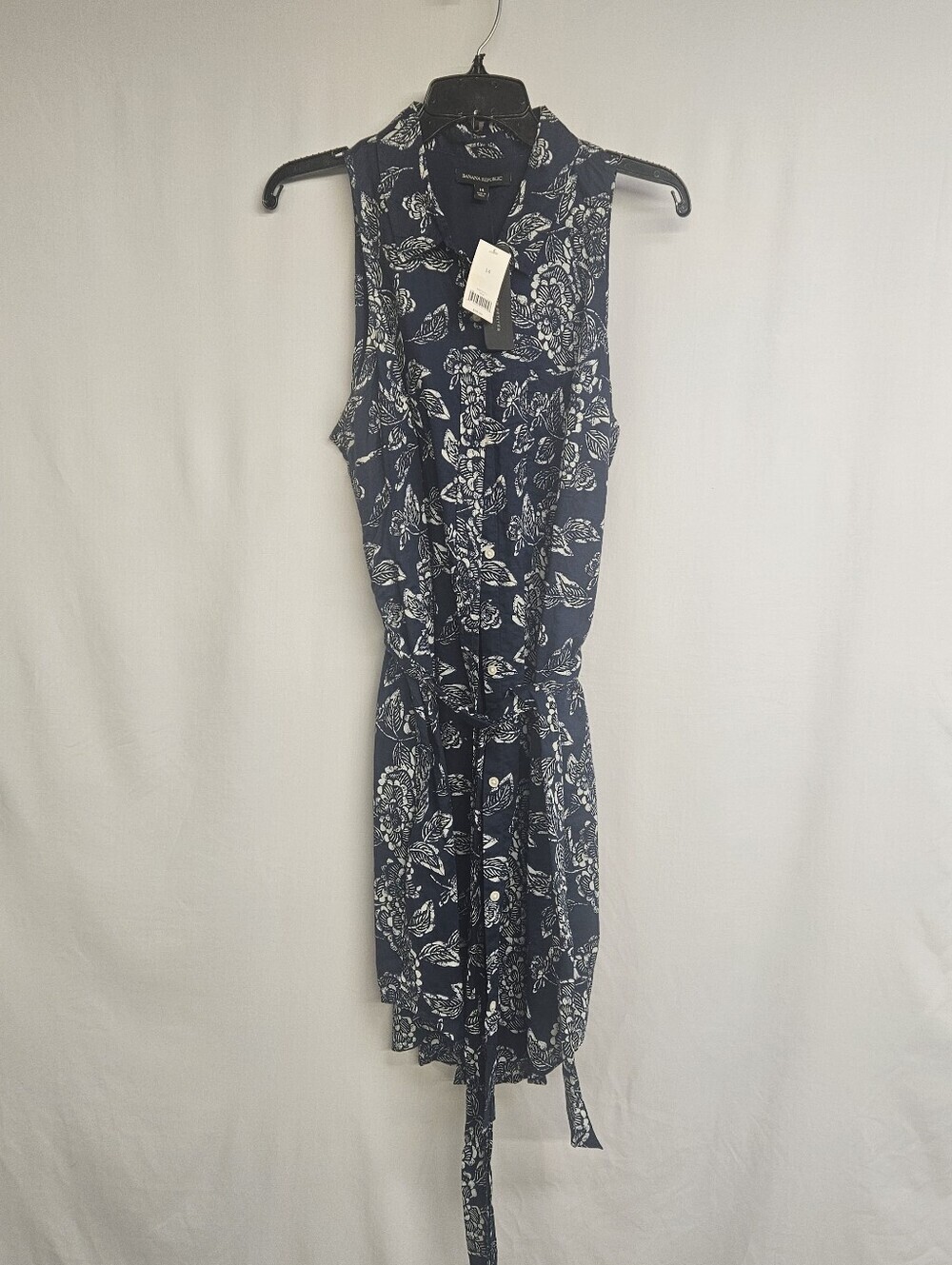 Banana Republic Women dress Navy Floral Print Size 14 NWT Belted Waist $98 Ret